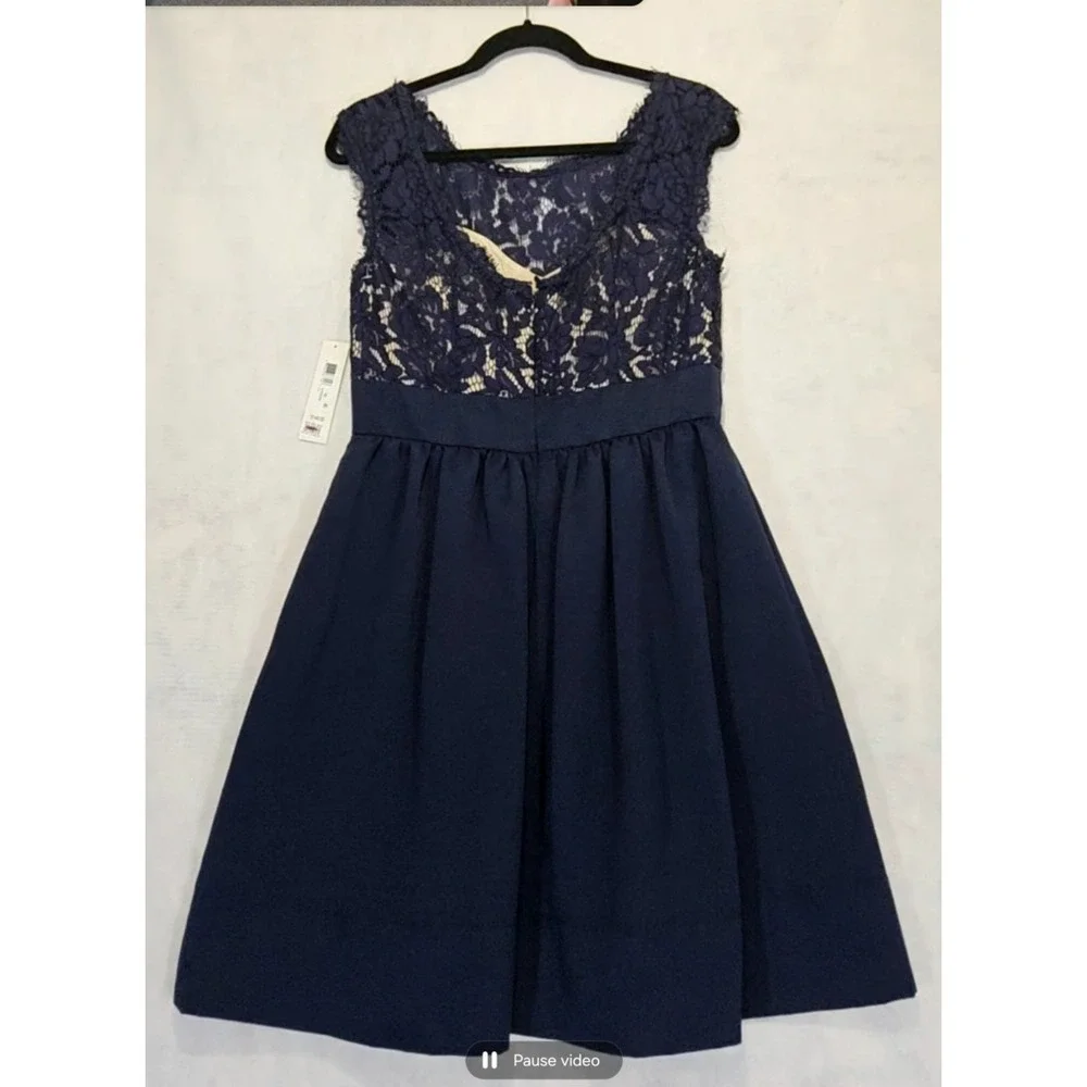 Eliza‎ J Dress 10 Fit & Flare Faille Cocktail Lace NEW Navy Blue A-Line 50s
